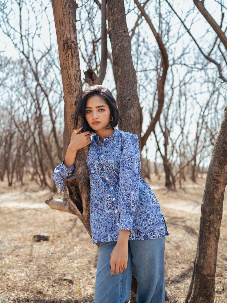 Jodhpur Shirt - Handblock Printed Cotton Shirt cotton by Marche in blue color for women Worldwide