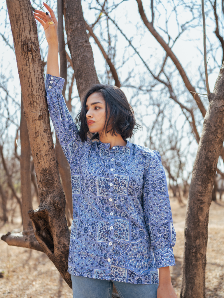 Jodhpur Shirt - Handblock Printed Cotton Shirt cotton by Marche in blue color for women Worldwide