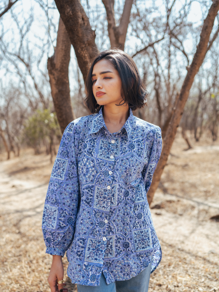 Jodhpur Shirt - Handblock Printed Cotton Shirt cotton by Marche in blue color for women Worldwide