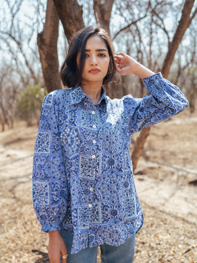 Jodhpur Shirt - Handblock Printed Cotton Shirt cotton by Marche in blue color for women Worldwide