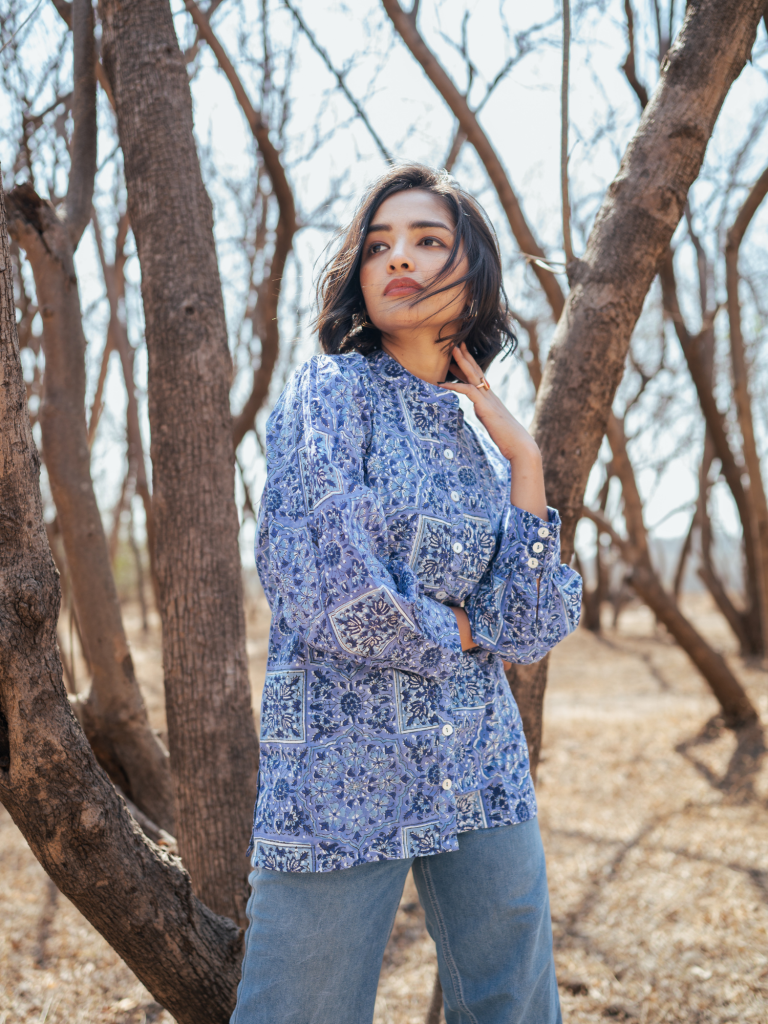 Jodhpur Shirt - Handblock Printed Cotton Shirt cotton by Marche in blue color for women Worldwide