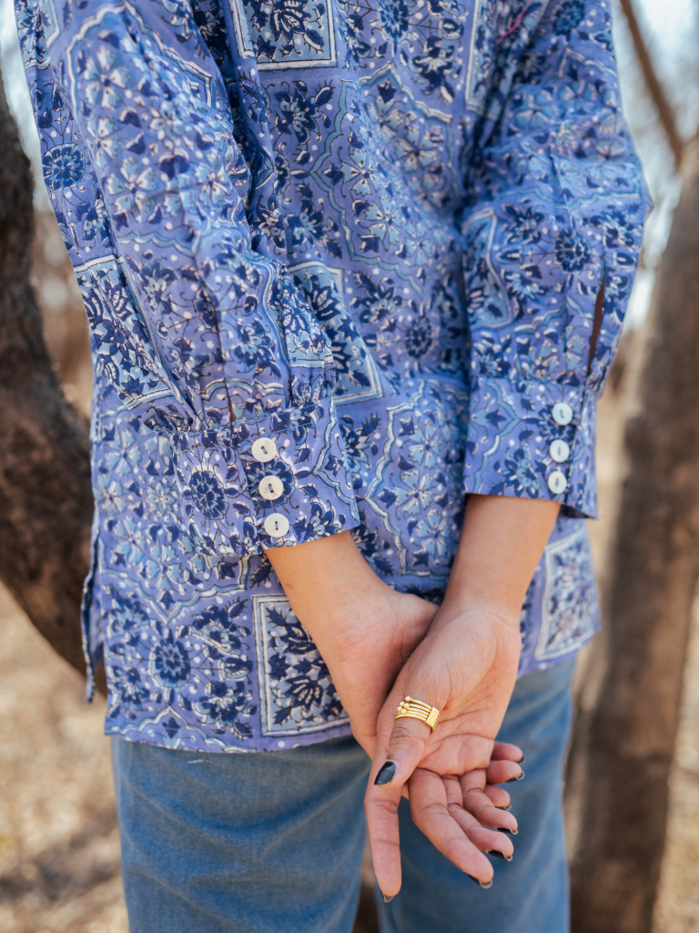 Jodhpur Shirt - Handblock Printed Cotton Shirt cotton by Marche in blue color for women Worldwide