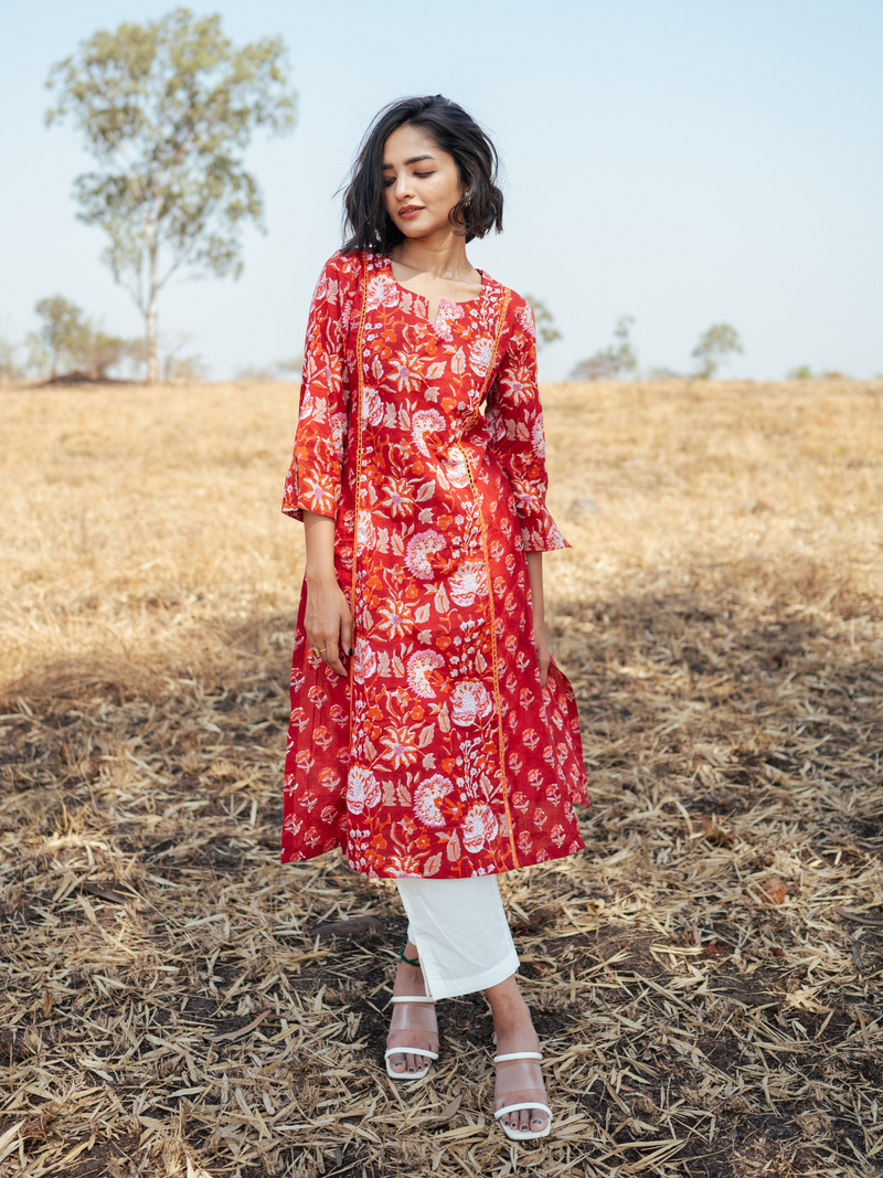 Amer Kurta Set - Handblock Printed Cotton Kurta Set cotton by Marche in red color for women Worldwide