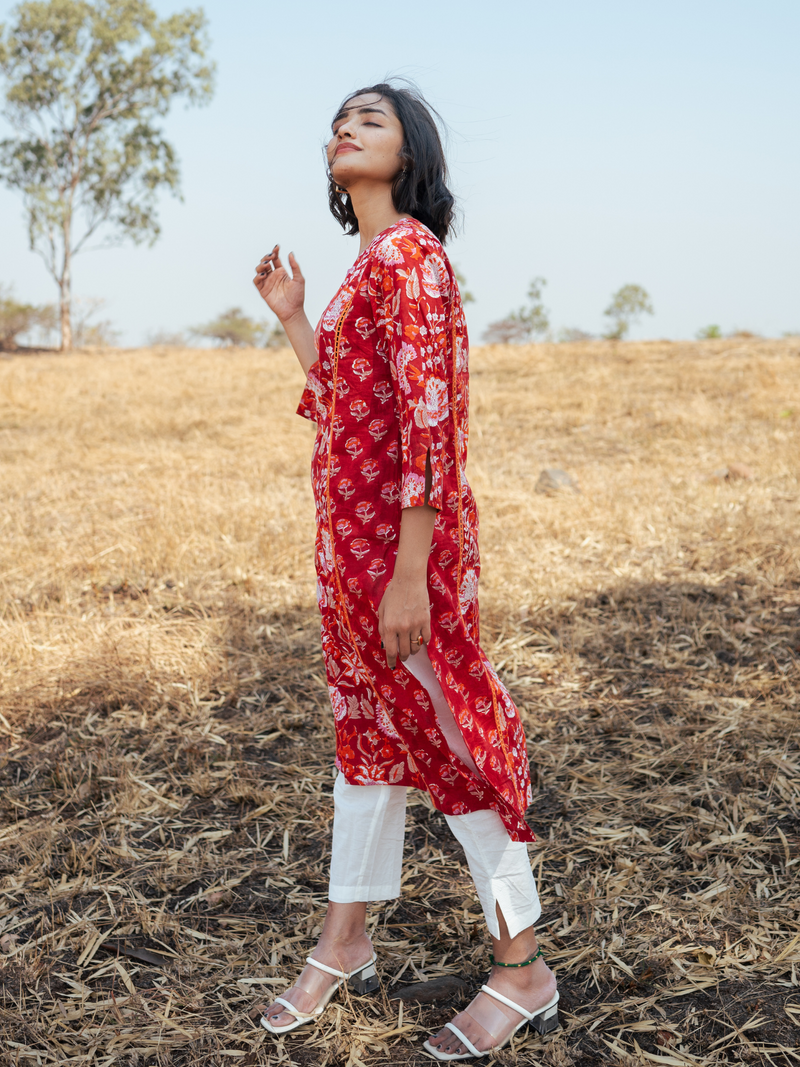 Amer Kurta Set - Handblock Printed Cotton Kurta Set cotton by Marche in red color for women Worldwide