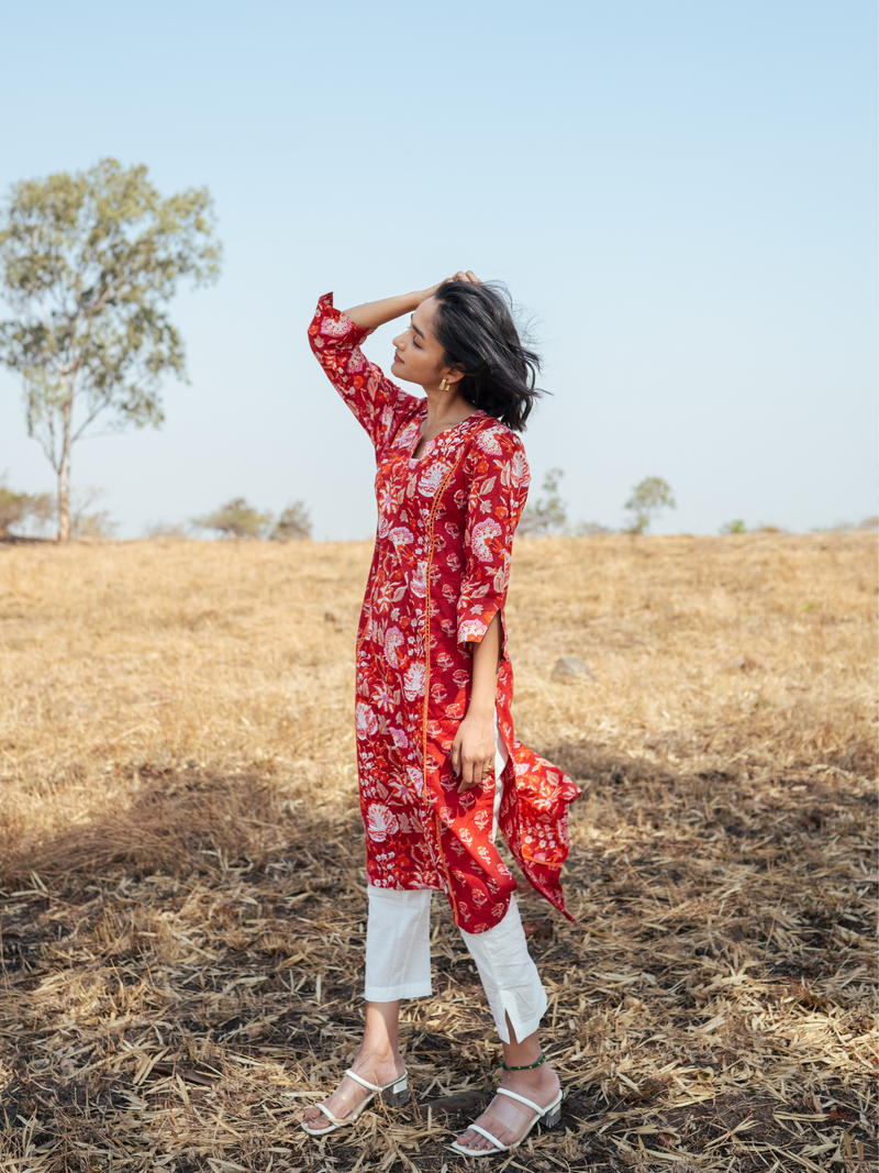 Amer Kurta Set - Handblock Printed Cotton Kurta Set cotton by Marche in red color for women Worldwide