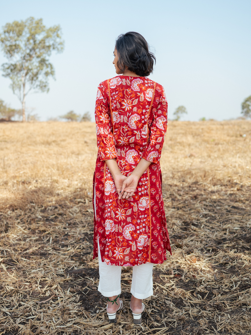Amer Kurta Set - Handblock Printed Cotton Kurta Set cotton by Marche in red color for women Worldwide