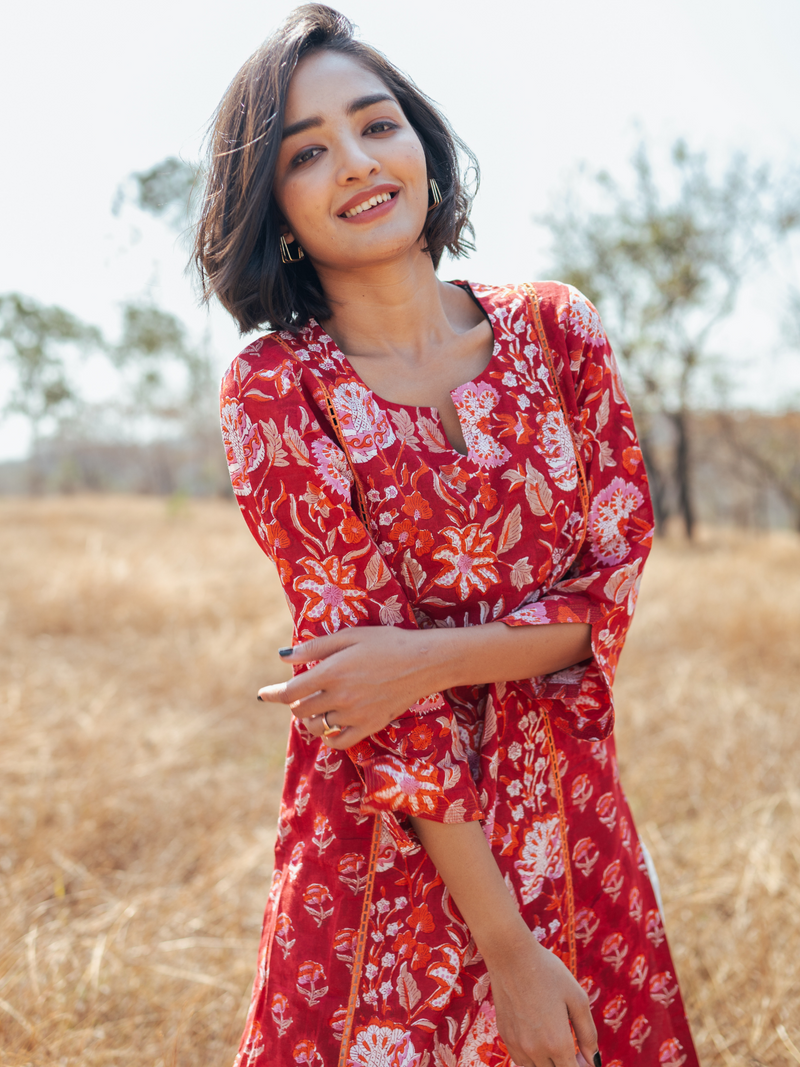 Amer Kurta Set - Handblock Printed Cotton Kurta Set cotton by Marche in red color for women Worldwide