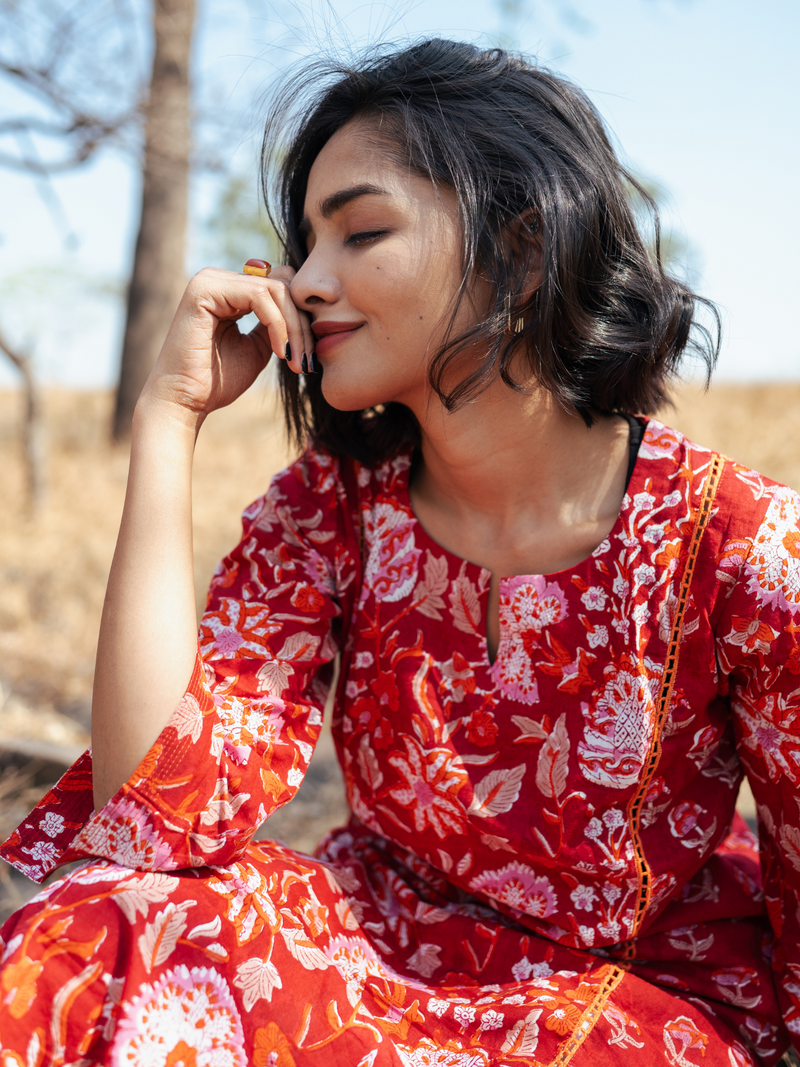 Amer Kurta Set - Handblock Printed Cotton Kurta Set cotton by Marche in red color for women Worldwide