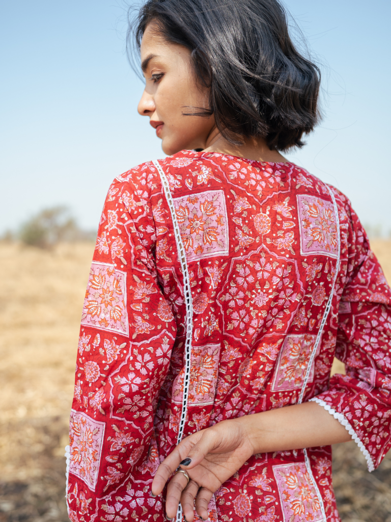 Bikaner Kurta Set - Handblock Printed Cotton Kurta Set cotton by Marche in red color for women Worldwide