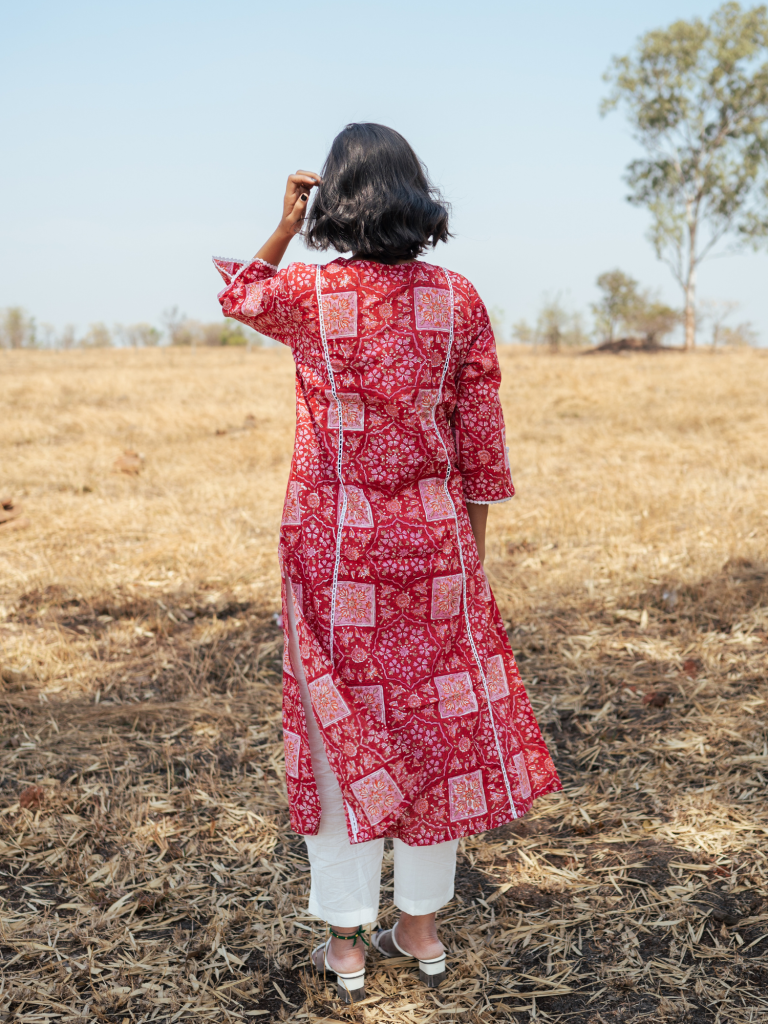 Bikaner Kurta Set - Handblock Printed Cotton Kurta Set cotton by Marche in red color for women Worldwide