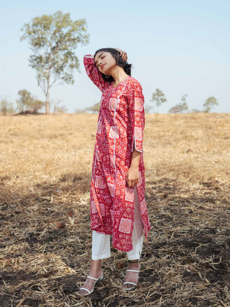 Bikaner Kurta Set - Handblock Printed Cotton Kurta Set cotton by Marche in red color for women Worldwide