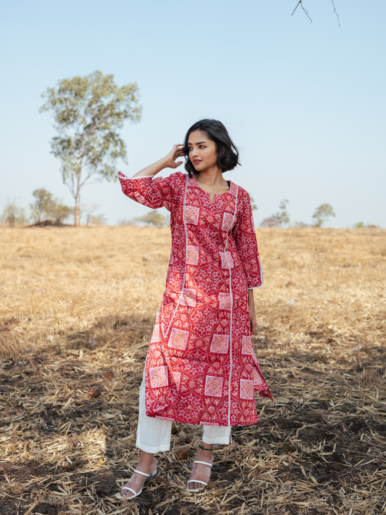 Bikaner Kurta Set - Handblock Printed Cotton Kurta Set cotton by Marche in red color for women Worldwide
