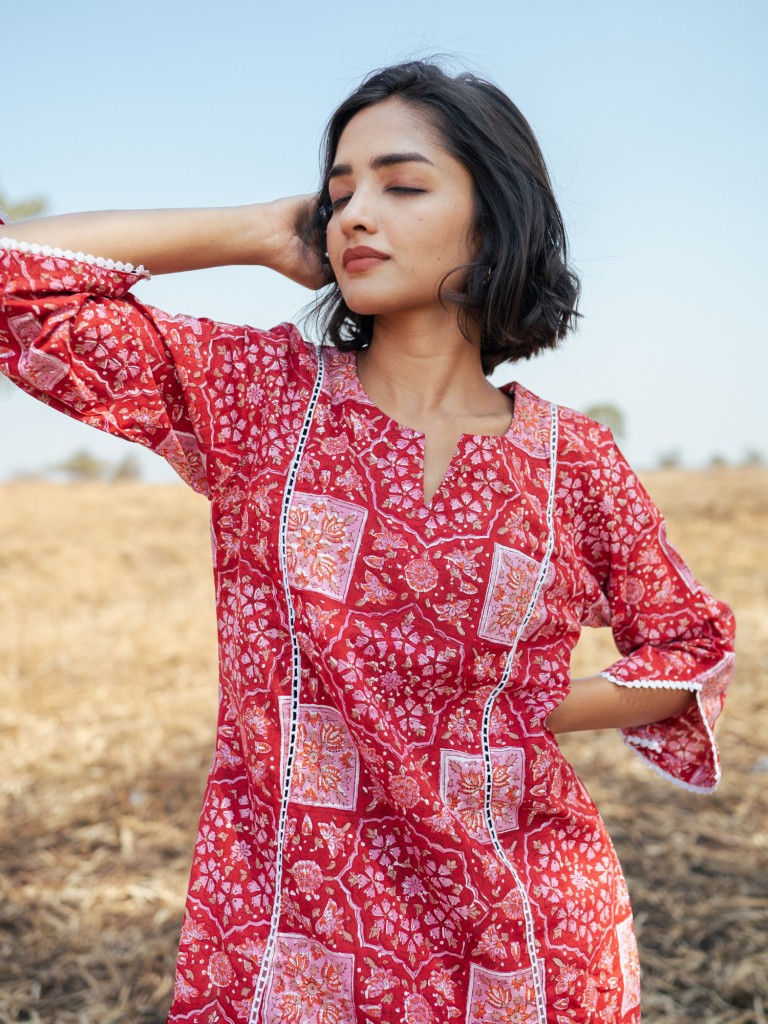 Bikaner Kurta Set - Handblock Printed Cotton Kurta Set cotton by Marche in red color for women Worldwide