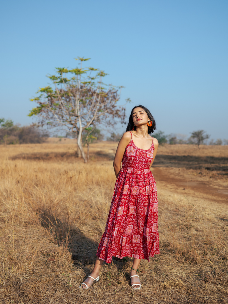 Bikaner Dress - Handblock Printed Cotton Dress cotton by Marche in red color for women Worldwide