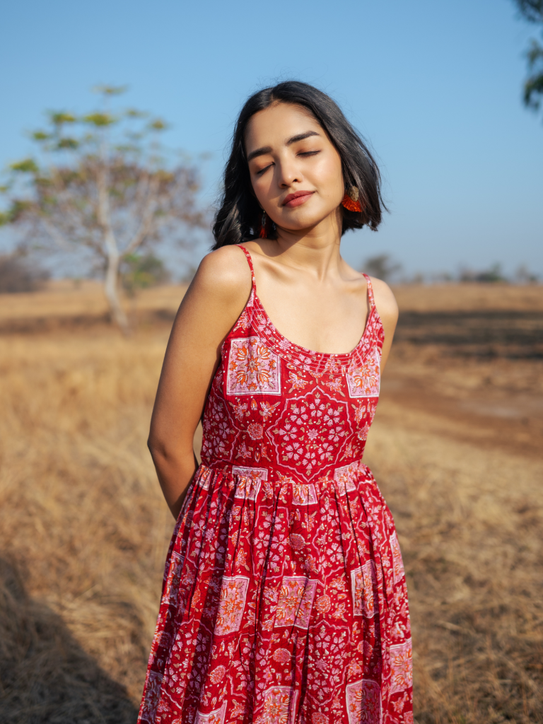 Bikaner Dress - Handblock Printed Cotton Dress cotton by Marche in red color for women Worldwide