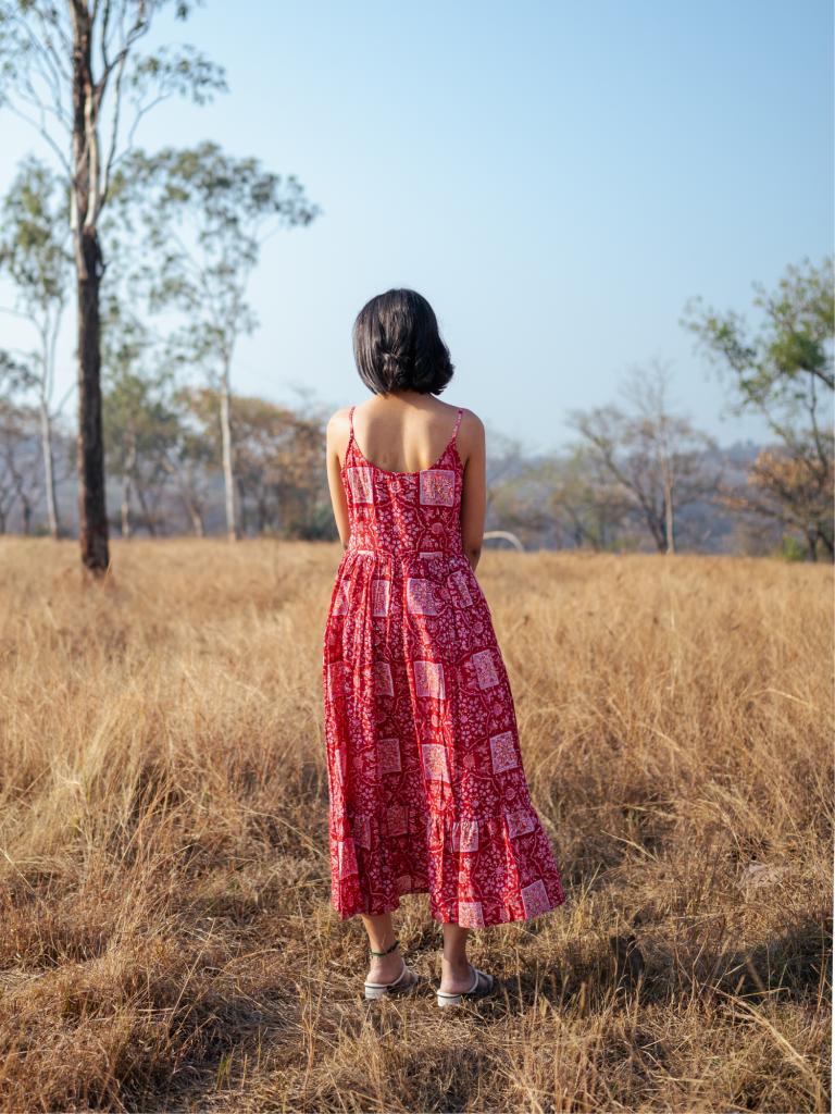 Bikaner Dress - Handblock Printed Cotton Dress cotton by Marche in red color for women Worldwide