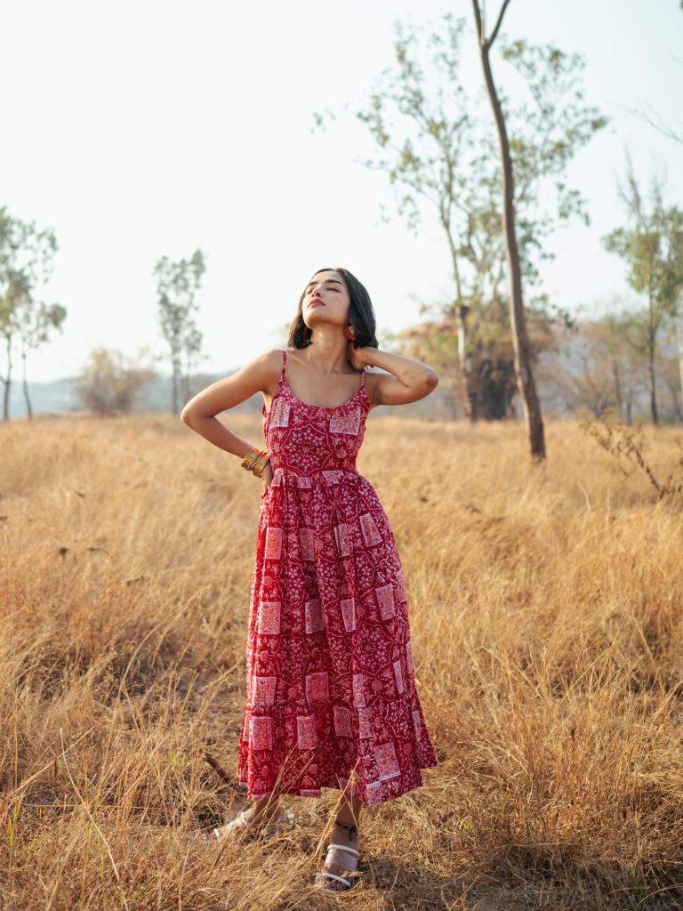 Bikaner Dress - Handblock Printed Cotton Dress cotton by Marche in red color for women Worldwide