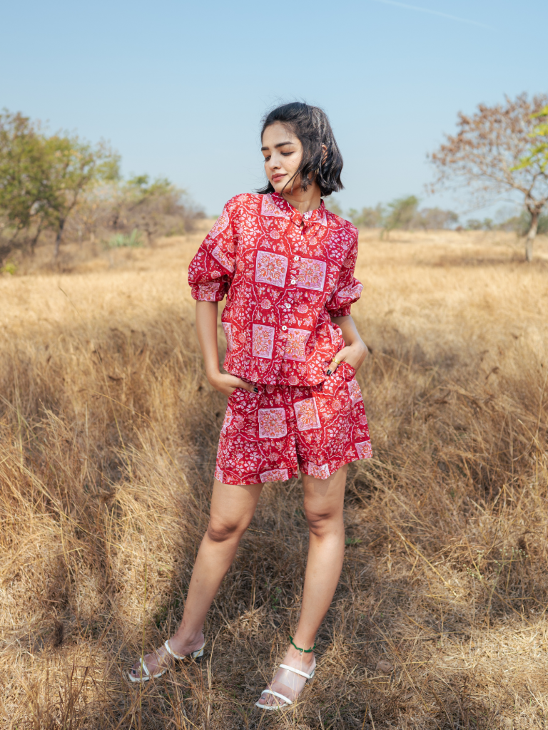 Bikaner Co-Ord Set - Handblock Printed Cotton Co- Ord Set cotton by Marche in red color for women Worldwide
