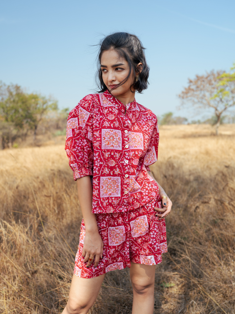 Bikaner Co-Ord Set - Handblock Printed Cotton Co- Ord Set cotton by Marche in red color for women Worldwide