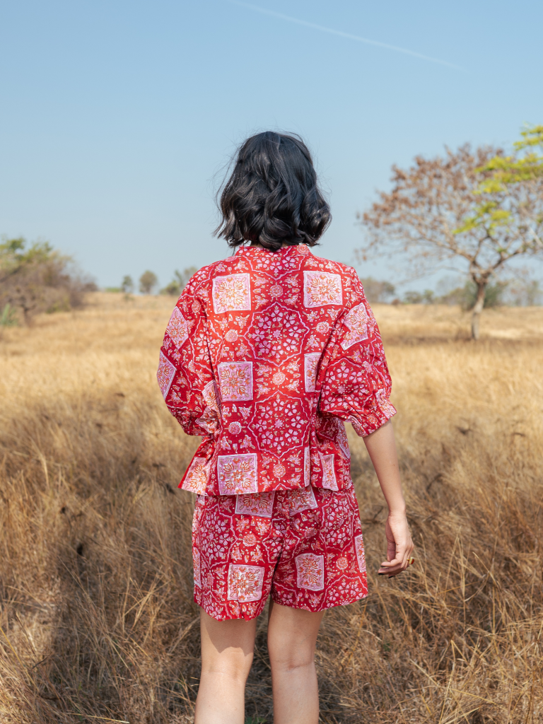 Bikaner Co-Ord Set - Handblock Printed Cotton Co- Ord Set cotton by Marche in red color for women Worldwide