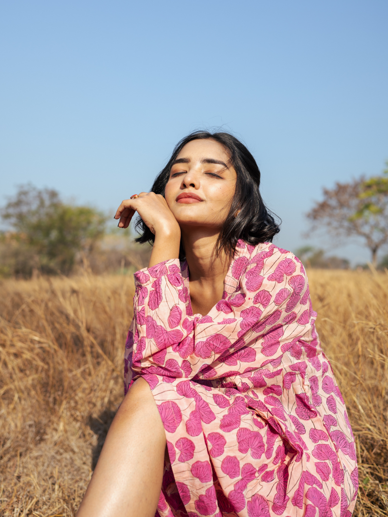 Mussoorie Dress - Handblock Printed Cotton Dress cotton by Marche in red color for women Worldwide