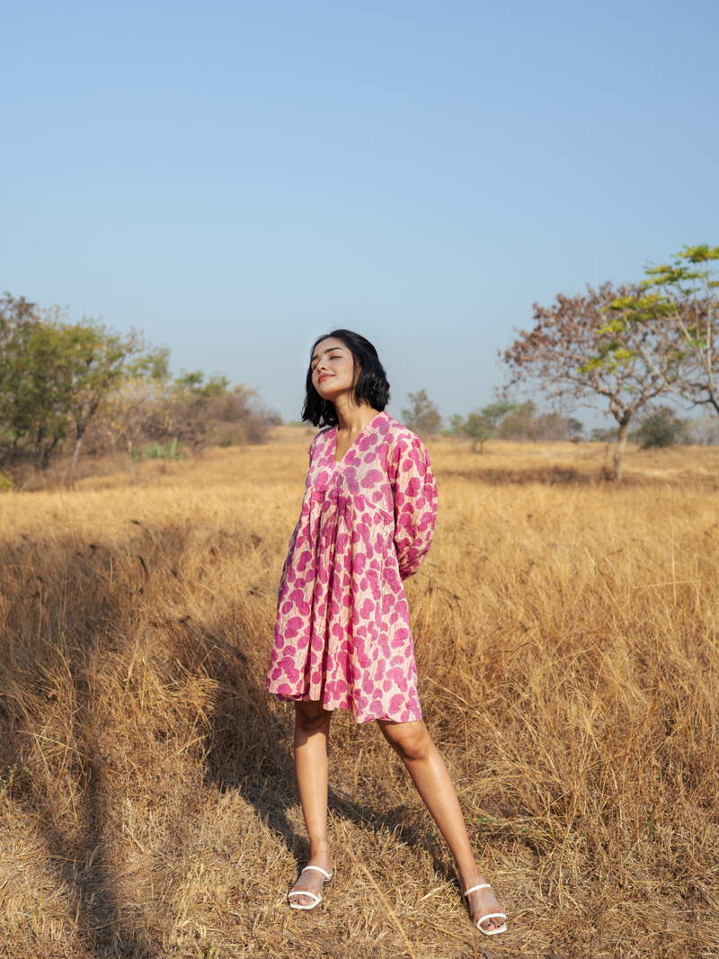 Mussoorie Dress - Handblock Printed Cotton Dress cotton by Marche in red color for women Worldwide
