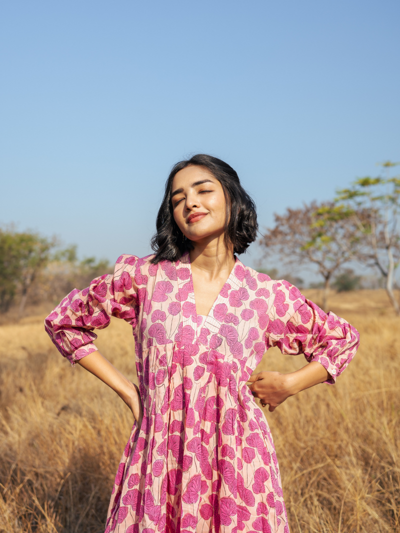 Mussoorie Dress - Handblock Printed Cotton Dress cotton by Marche in red color for women Worldwide