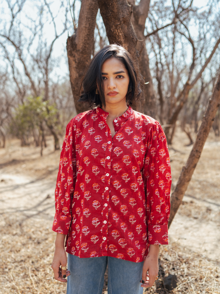 Jaipur Shirt - Handblock Printed Cotton Shirt cotton by Marche in red color for women Worldwide