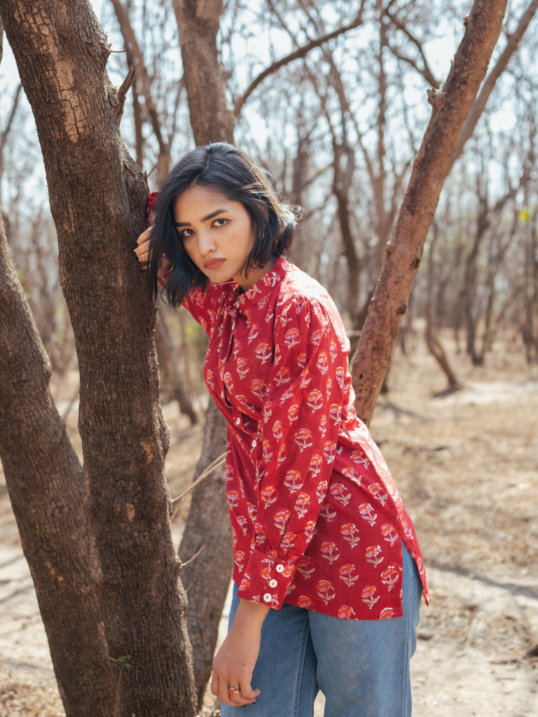 Jaipur Shirt - Handblock Printed Cotton Shirt cotton by Marche in red color for women Worldwide