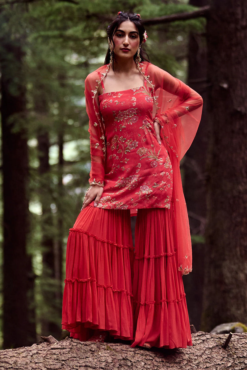 Maura Kurta Set crepe by Paulmi & Harsh-kahan Sep'26 in red for women Worldwide