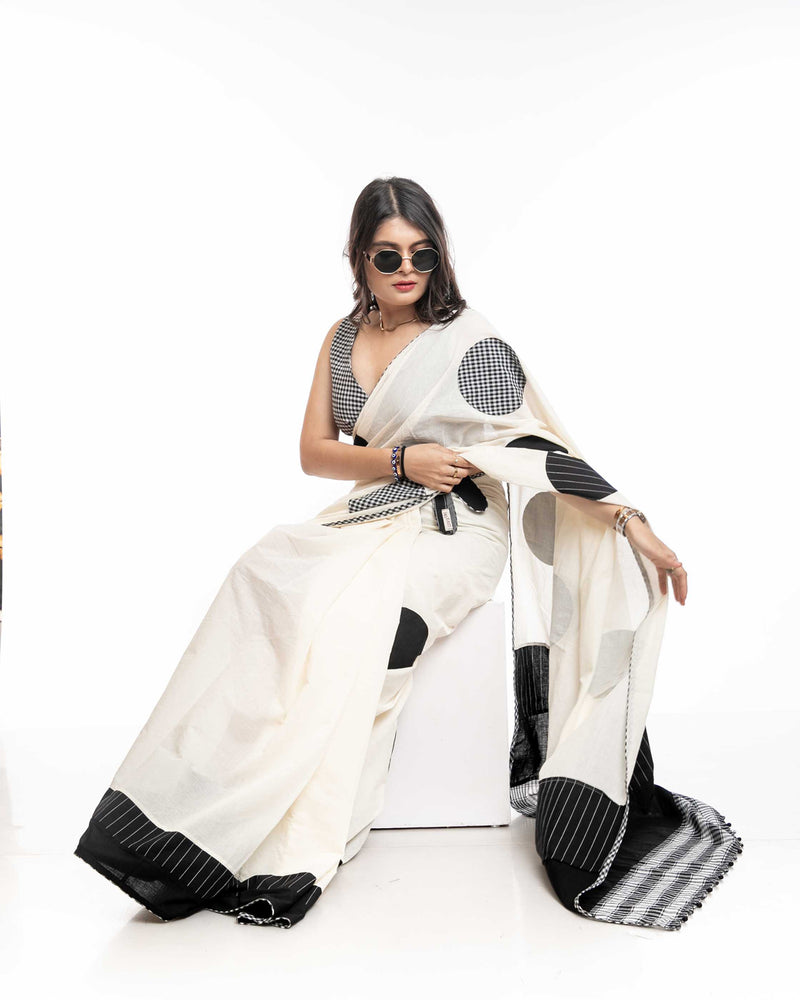 Starry Speckle Saree cotton,gamcha saree by 145 East in white, black for women Worldwide