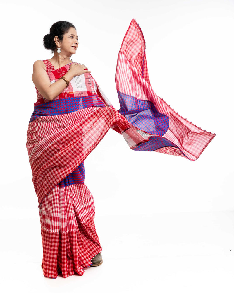 Fallen Hibiscus Saree gamcha saree by 145 East in white, red, purple for women Worldwide