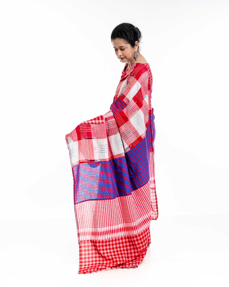 Fallen Hibiscus Saree gamcha saree by 145 East in white, red, purple for women Worldwide