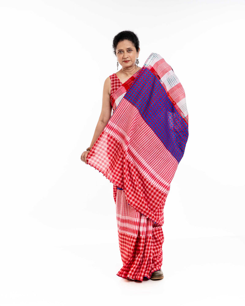 Fallen Hibiscus Saree gamcha saree by 145 East in white, red, purple for women Worldwide