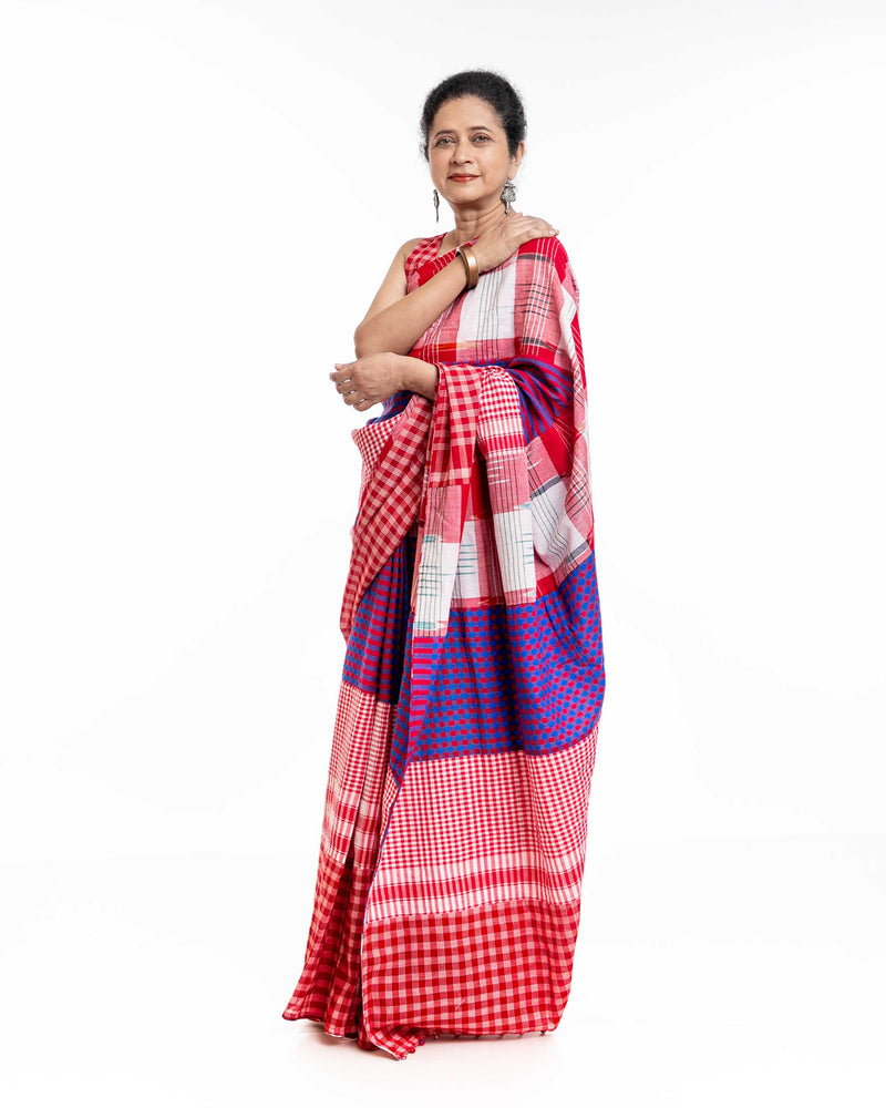 Fallen Hibiscus Saree gamcha saree by 145 East in white, red, purple for women Worldwide