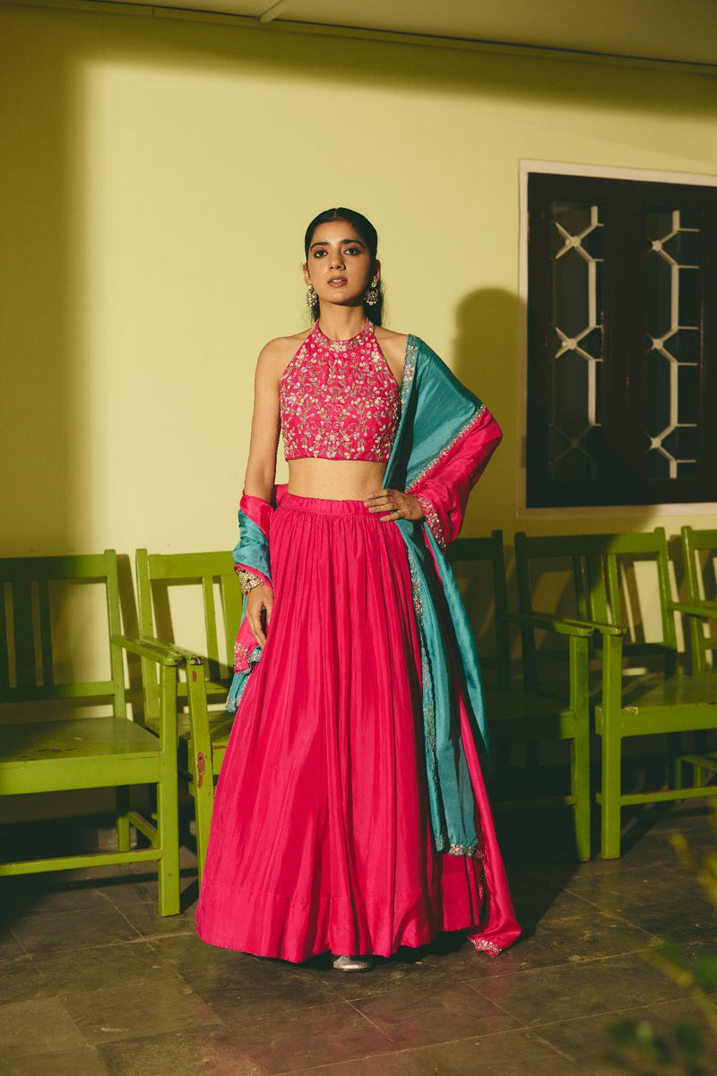 MEHERGUL & ABROO BLOUSE & LEHENGA silk by Rashika Mittal in pink color for women Worldwide