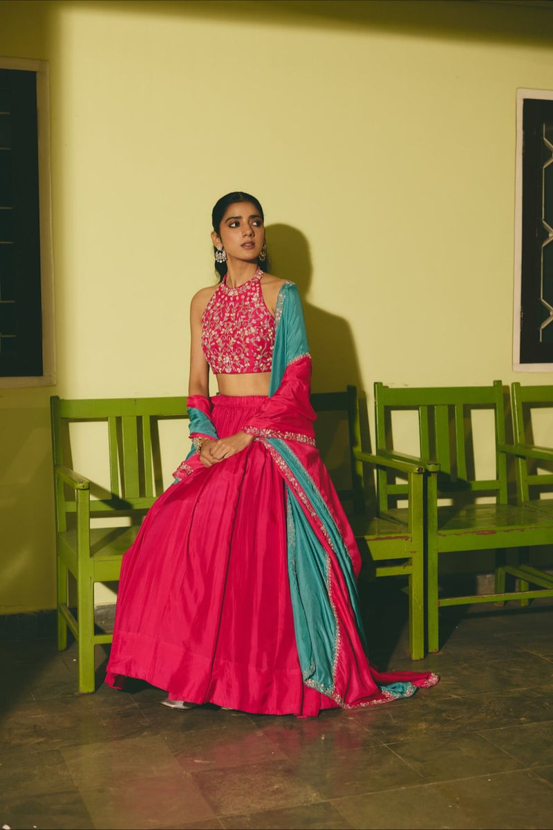 MEHERGUL & ABROO BLOUSE & LEHENGA silk by Rashika Mittal in pink color for women Worldwide