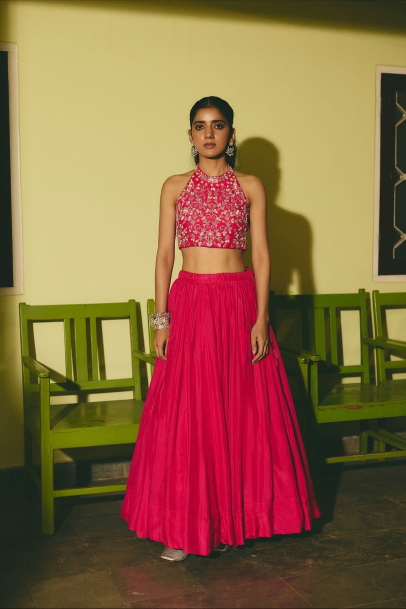 MEHERGUL & ABROO BLOUSE & LEHENGA silk by Rashika Mittal in pink color for women Worldwide