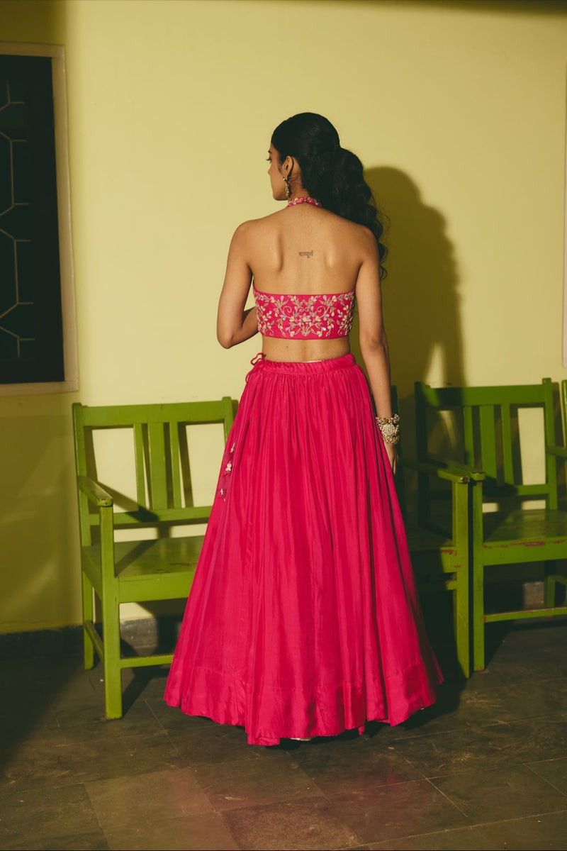 MEHERGUL & ABROO BLOUSE & LEHENGA silk by Rashika Mittal in pink color for women Worldwide