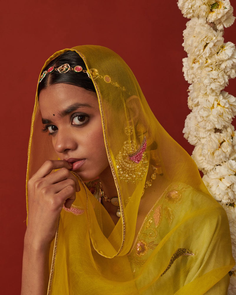 MEHERIYA DUPATTA chiffon by Rashika Mittal in yellow color for women Worldwide