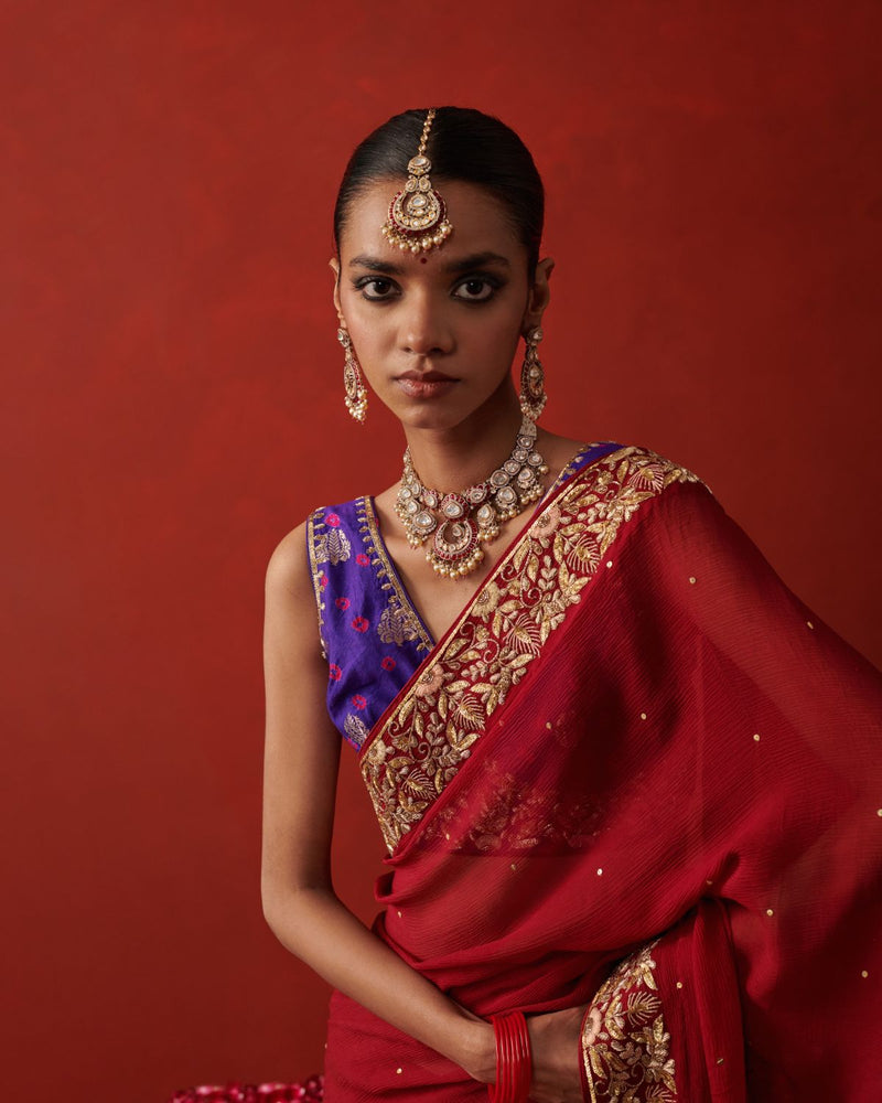 MEHFIL SAREE chiffon by Rashika Mittal in red color for women Worldwide