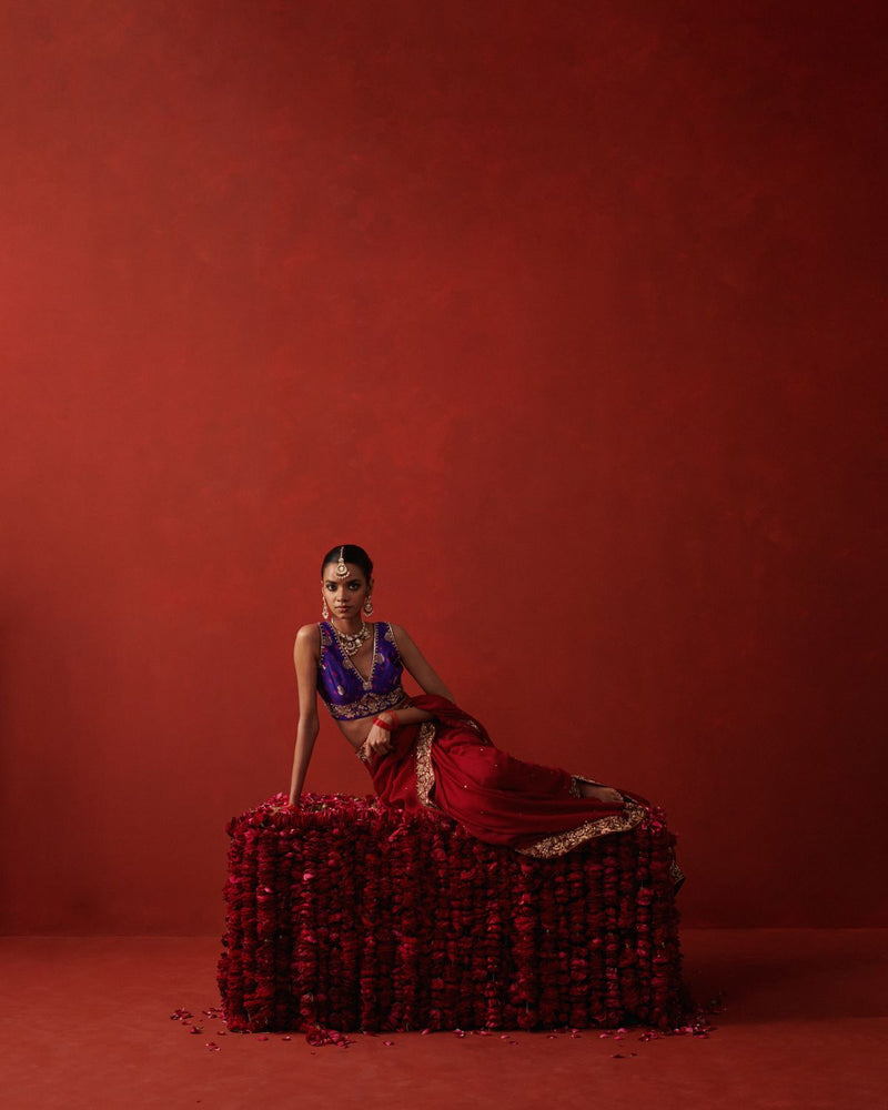 MEHFIL SAREE chiffon by Rashika Mittal in red color for women Worldwide