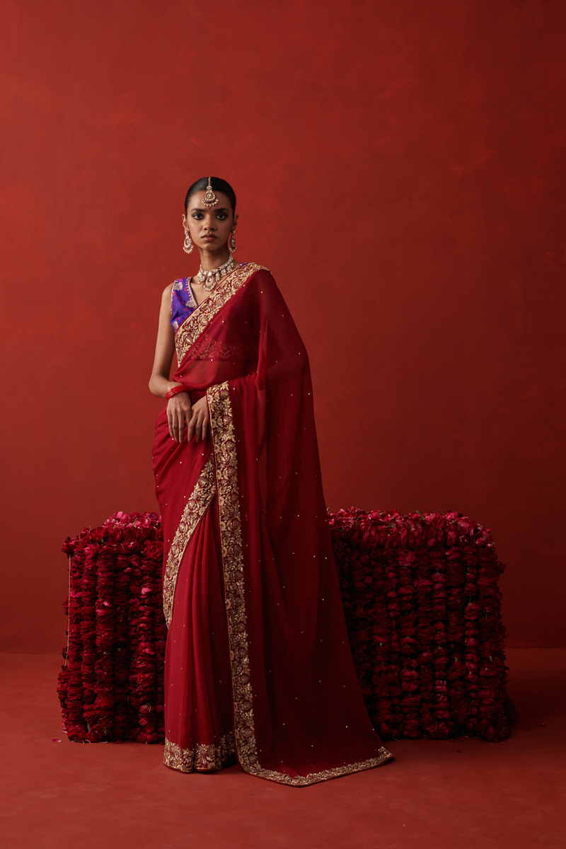 MEHFIL SAREE chiffon by Rashika Mittal in red color for women Worldwide