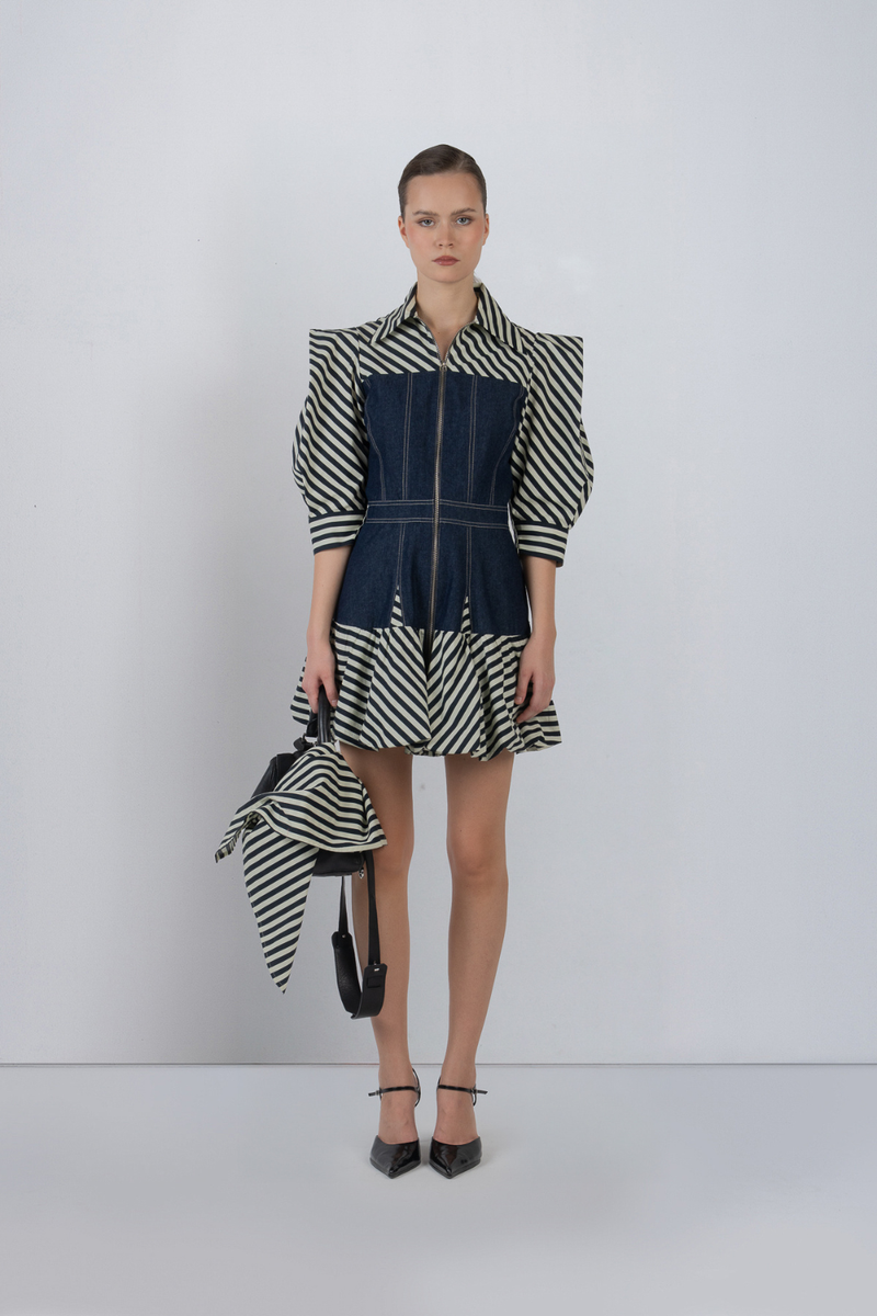 MER DRESS - Denim Blue + Black/White Stripes dress by Leh Studios in black/white for women Worldwide
