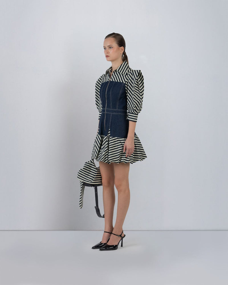 MER DRESS - Denim Blue + Black/White Stripes dress by Leh Studios in black/white for women Worldwide