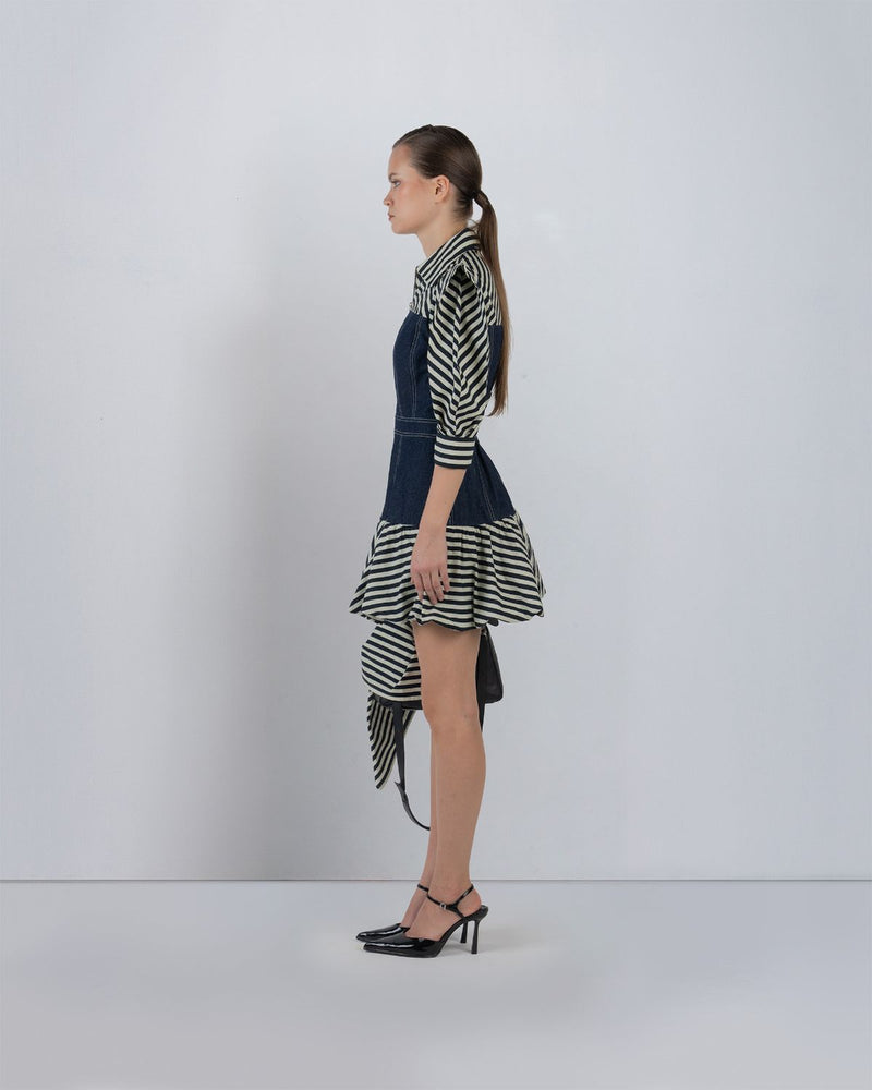 MER DRESS - Denim Blue + Black/White Stripes dress by Leh Studios in black/white for women Worldwide