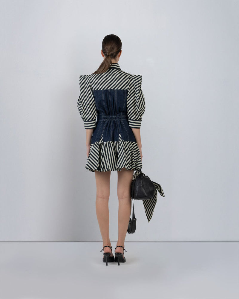 MER DRESS - Denim Blue + Black/White Stripes dress by Leh Studios in black/white for women Worldwide