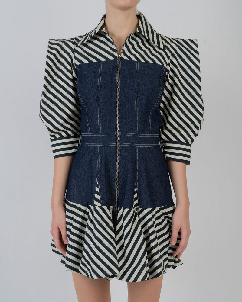 MER DRESS - Denim Blue + Black/White Stripes dress by Leh Studios in black/white for women Worldwide