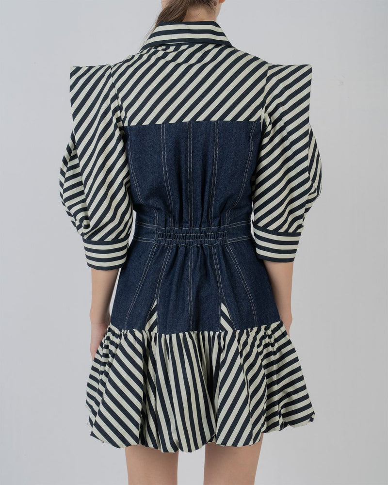 MER DRESS - Denim Blue + Black/White Stripes dress by Leh Studios in black/white for women Worldwide