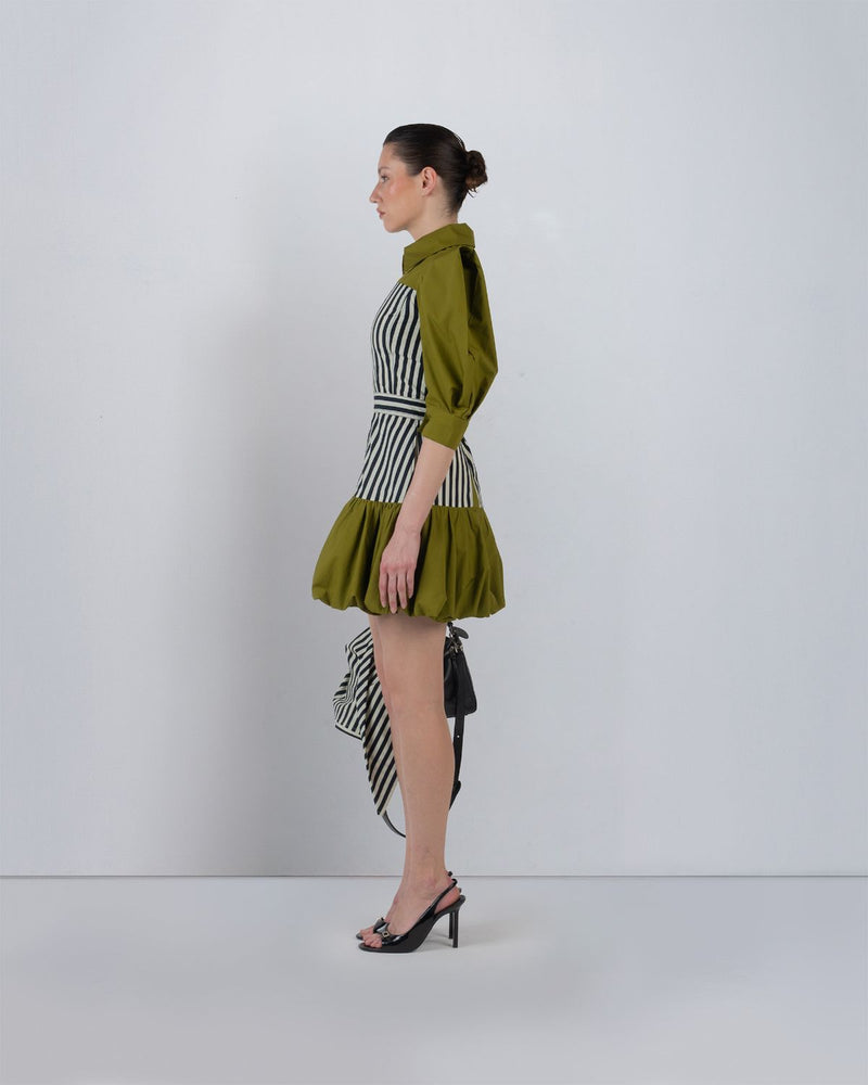 MER DRESS - Olive + Black/White Stripes dress by Leh Studios in olive for women Worldwide